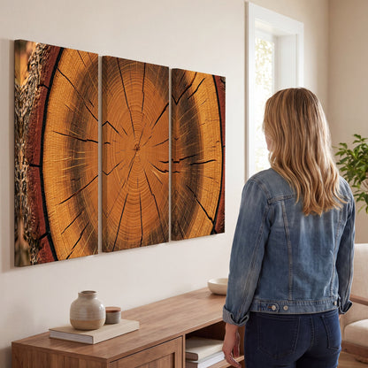 Tree ring wood slice art 3 piece canvas wall art in a living room