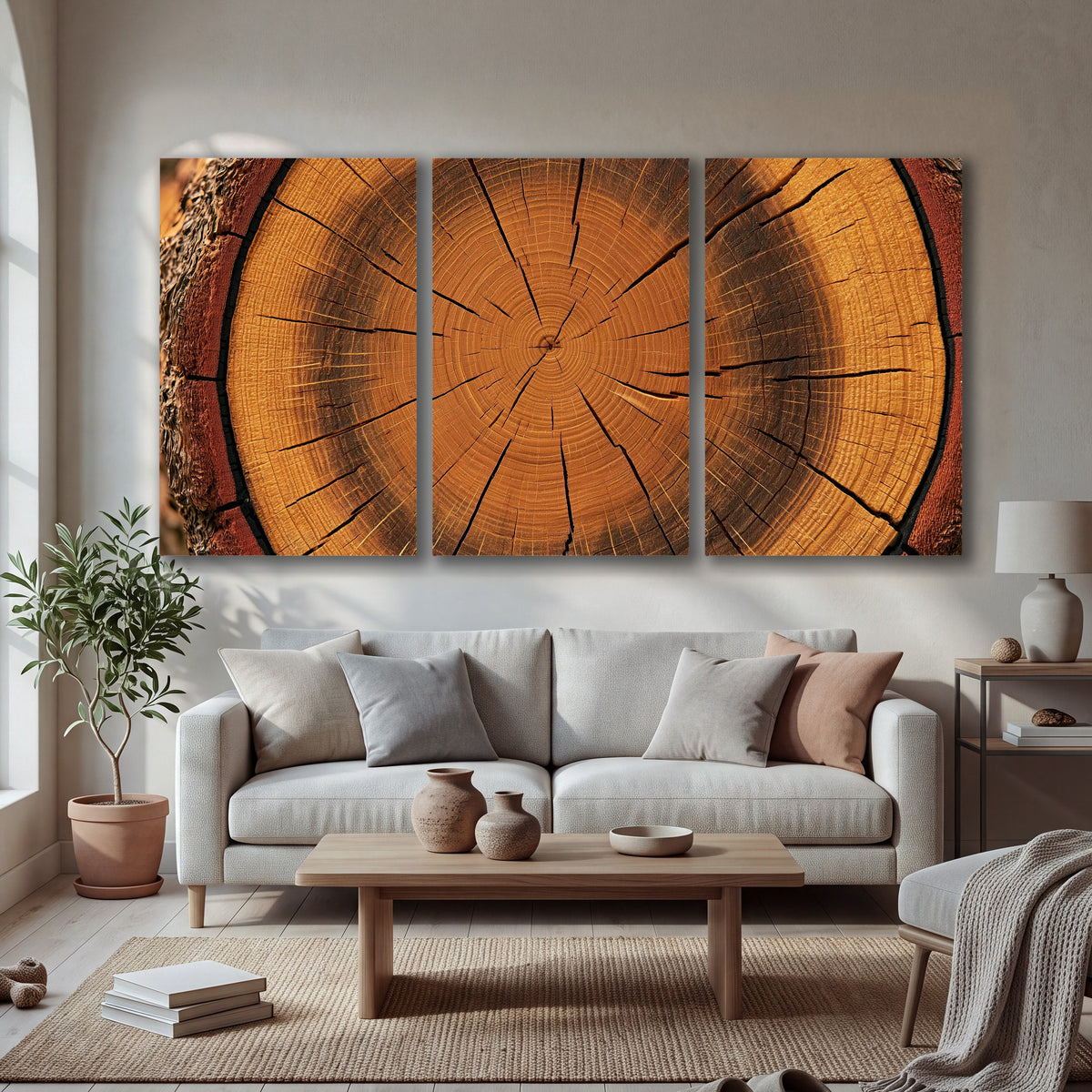 Tree ring wood slice art 3 piece canvas wall art in a bright living room