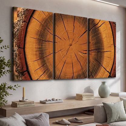 Tree ring wood slice art 3 piece canvas wall art in a living room above a console