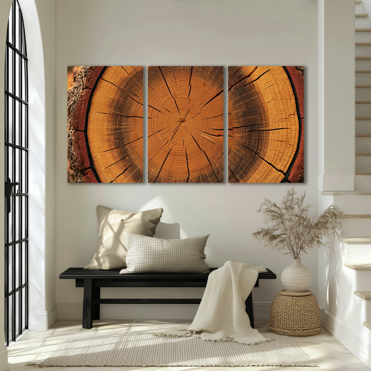 Tree ring wood slice art 3 piece canvas wall art in an entryway above a bench