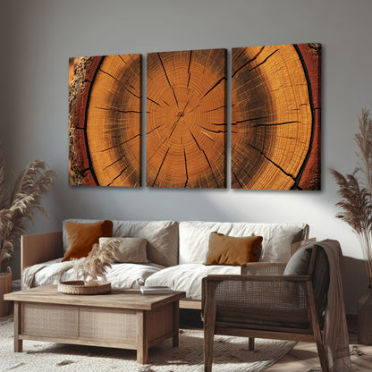 Tree ring wood slice art 3 piece canvas wall art in a rustic living room