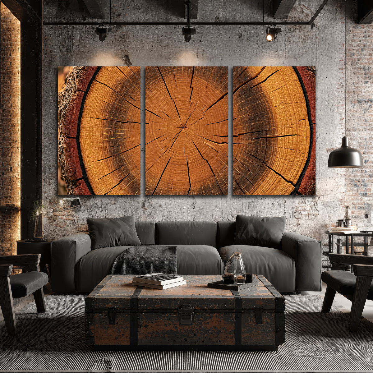Tree ring wood slice art 3 piece canvas wall art in an industrial loft