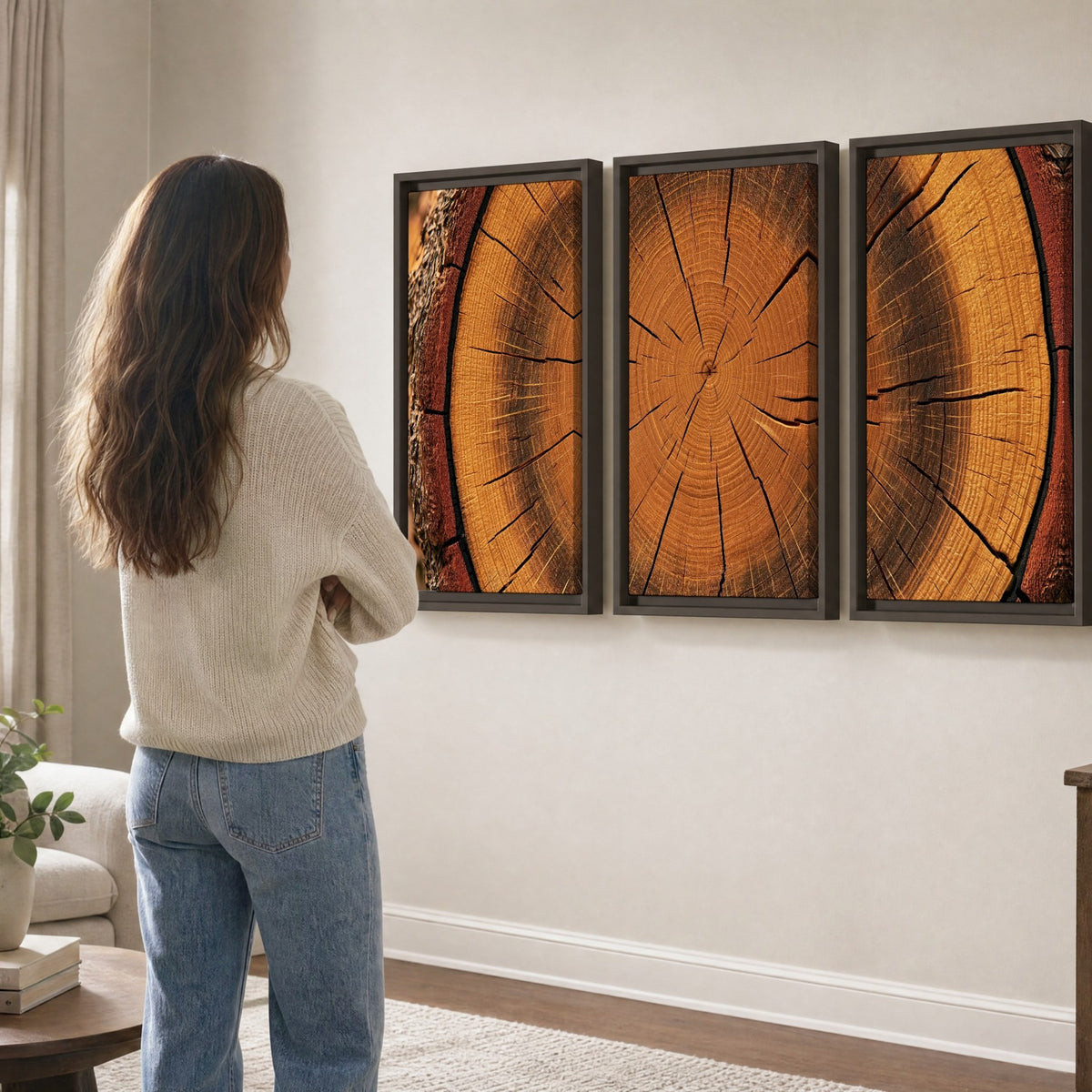 Tree ring wood slice art 3 piece framed canvas in a living room