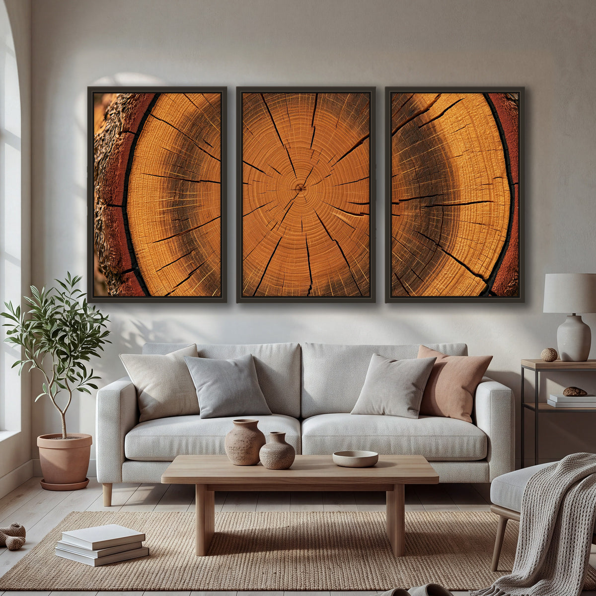 Tree ring wood slice art 3 piece framed canvas in a bright living room