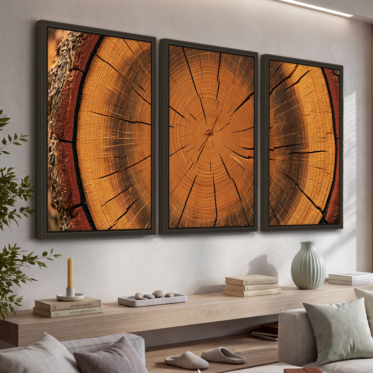 Tree ring wood slice art 3 piece framed canvas in a living room above a console