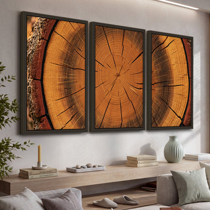 Tree ring wood slice art 3 piece framed canvas in a living room above a console