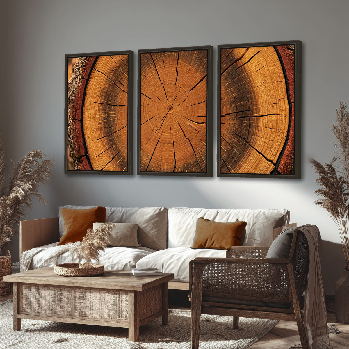 Tree ring wood slice art 3 piece framed canvas in a rustic living room
