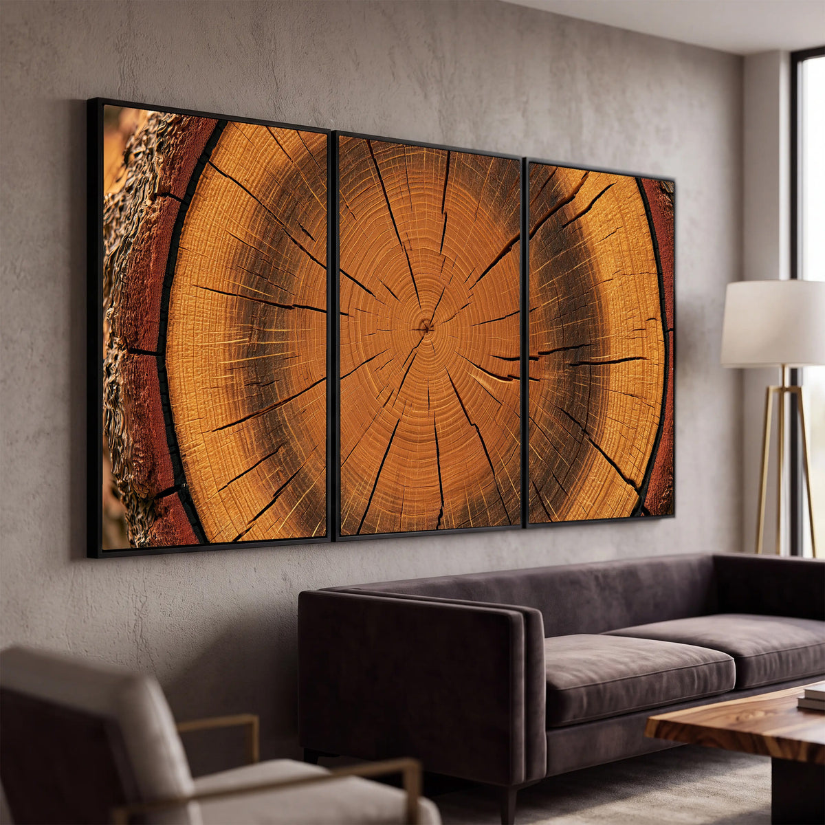 Tree ring wood slice art 3 piece framed canvas in a modern living room
