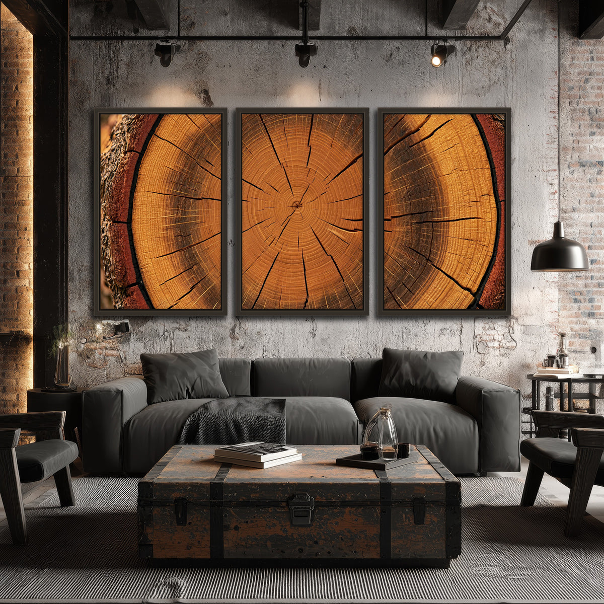 Tree ring wood slice art 3 piece framed canvas in an industrial loft