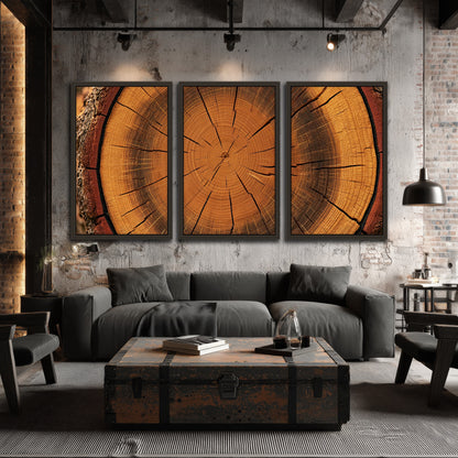 Tree ring wood slice art 3 piece framed canvas in an industrial loft