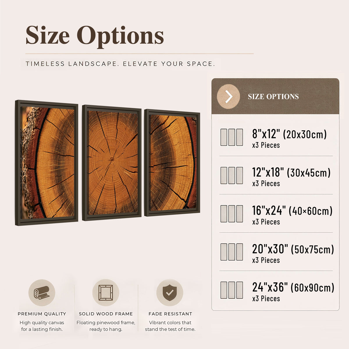 Tree ring wood slice art 3 piece framed canvas size options