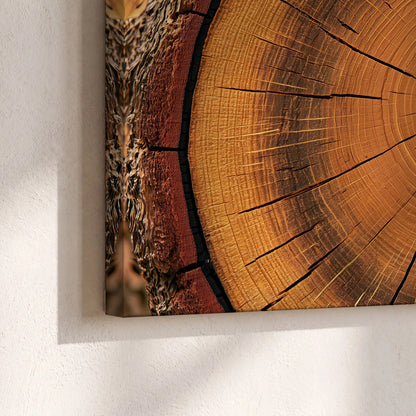 Tree ring wood slice art canvas print close-up showing the gallery-wrapped edge