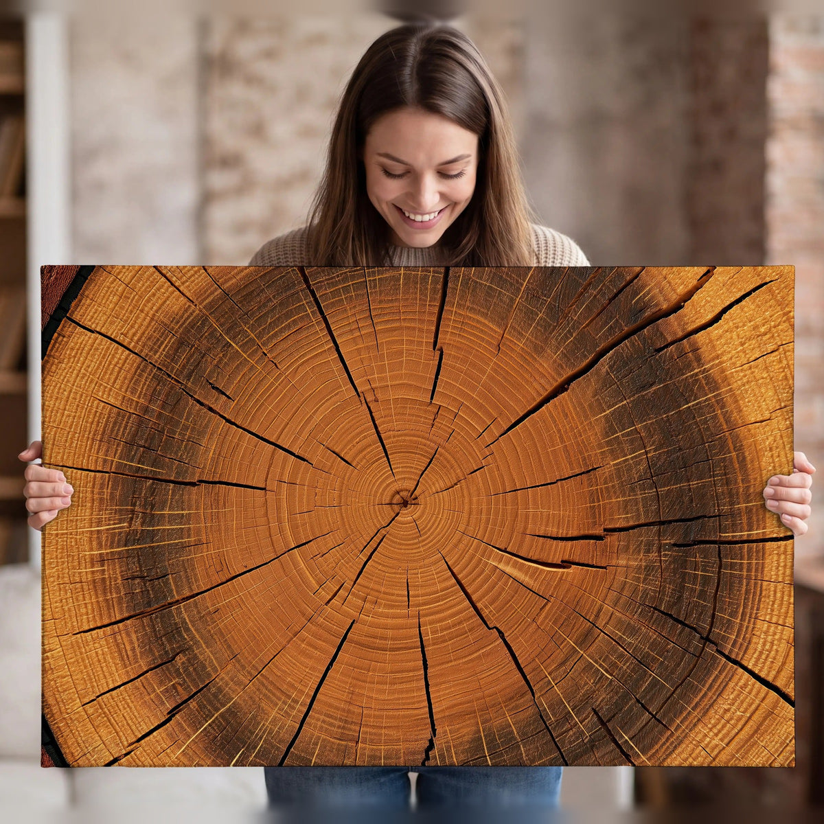 Tree ring wood slice art canvas wall art held in hands