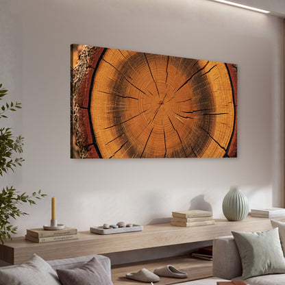 Tree ring wood slice art canvas wall art in a living room above a console
