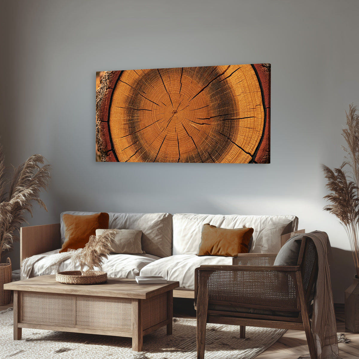 Tree ring wood slice art canvas wall art in a rustic living room