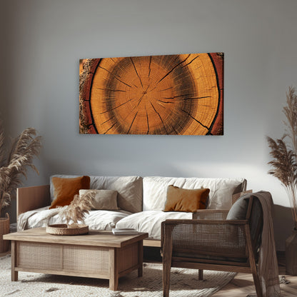 Tree ring wood slice art canvas wall art in a rustic living room