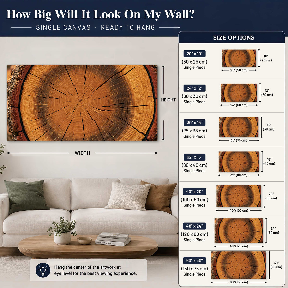 Tree ring wood slice art canvas wall art size guide above a sofa