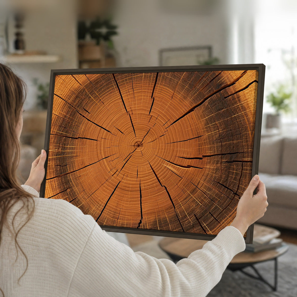 Tree ring wood slice art framed canvas held in hands