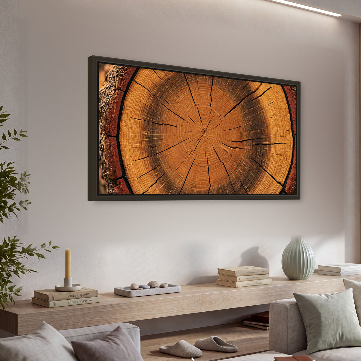 Tree ring wood slice art framed canvas wall art in a living room above a console