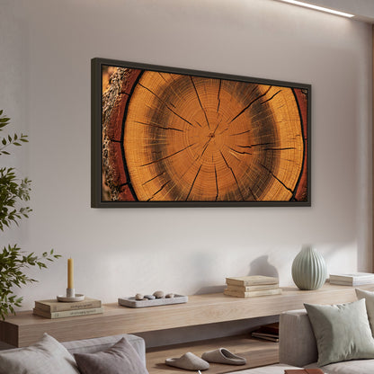 Tree ring wood slice art framed canvas wall art in a living room above a console
