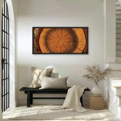 Tree ring wood slice art framed canvas wall art in an entryway above a bench