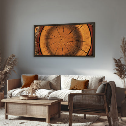 Tree ring wood slice art framed canvas wall art in a rustic living room