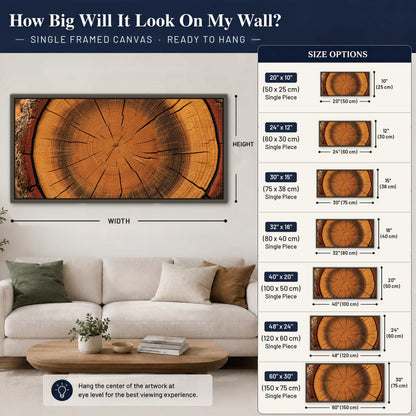 Tree ring wood slice art framed canvas wall art size guide above a sofa