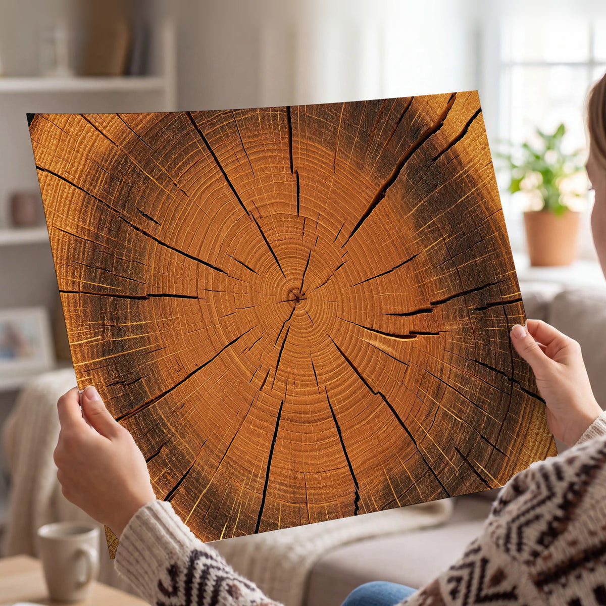Tree ring wood slice art poster print held in hands