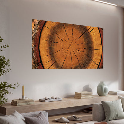 Tree ring wood slice art poster print in a living room above a console