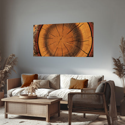 Tree ring wood slice art poster print in a rustic living room