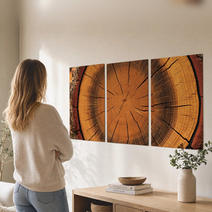 Tree ring wood slice art set of 3 poster prints in a living room