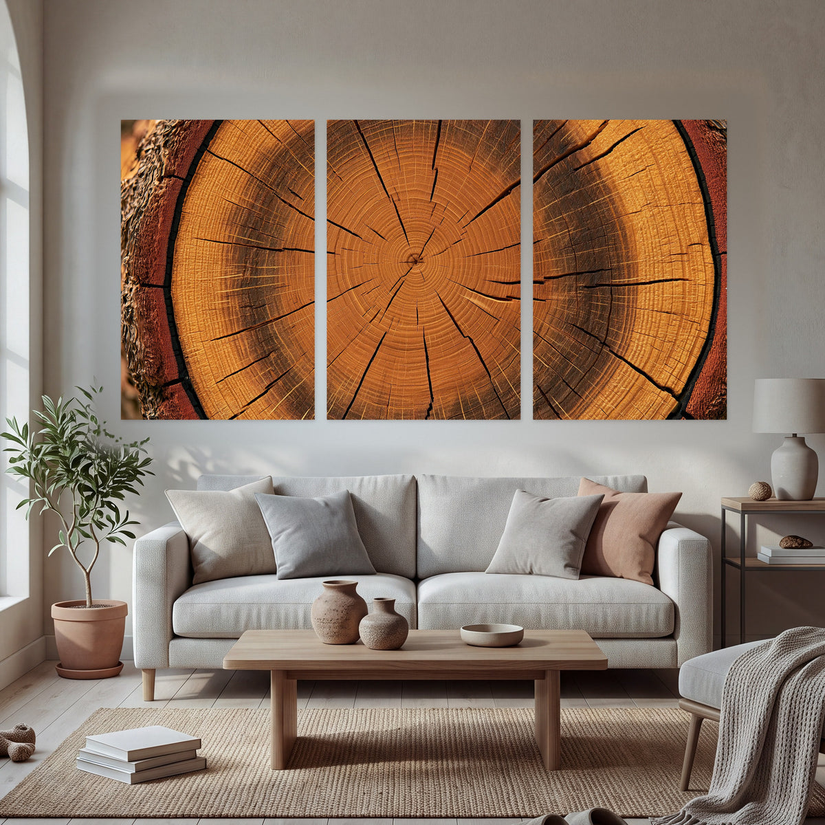 Tree ring wood slice art set of 3 poster prints in a bright living room