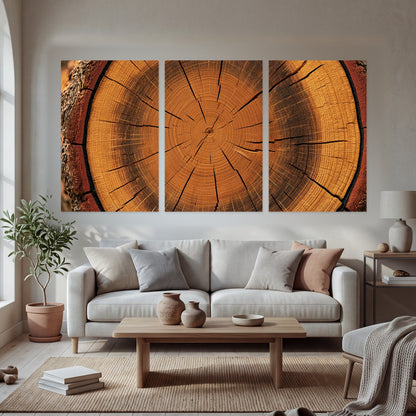 Tree ring wood slice art set of 3 poster prints in a bright living room