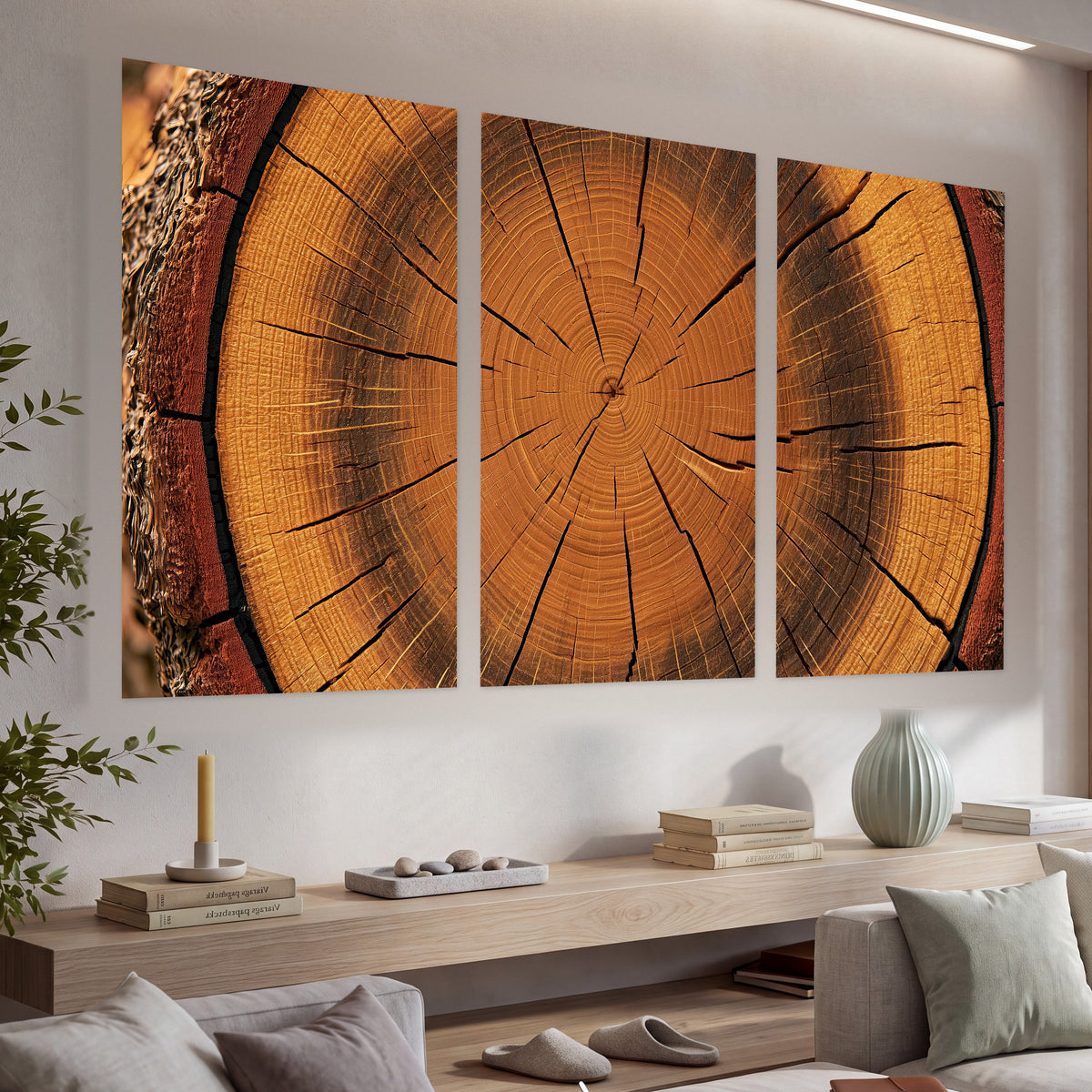Tree ring wood slice art set of 3 poster prints in a living room above a console