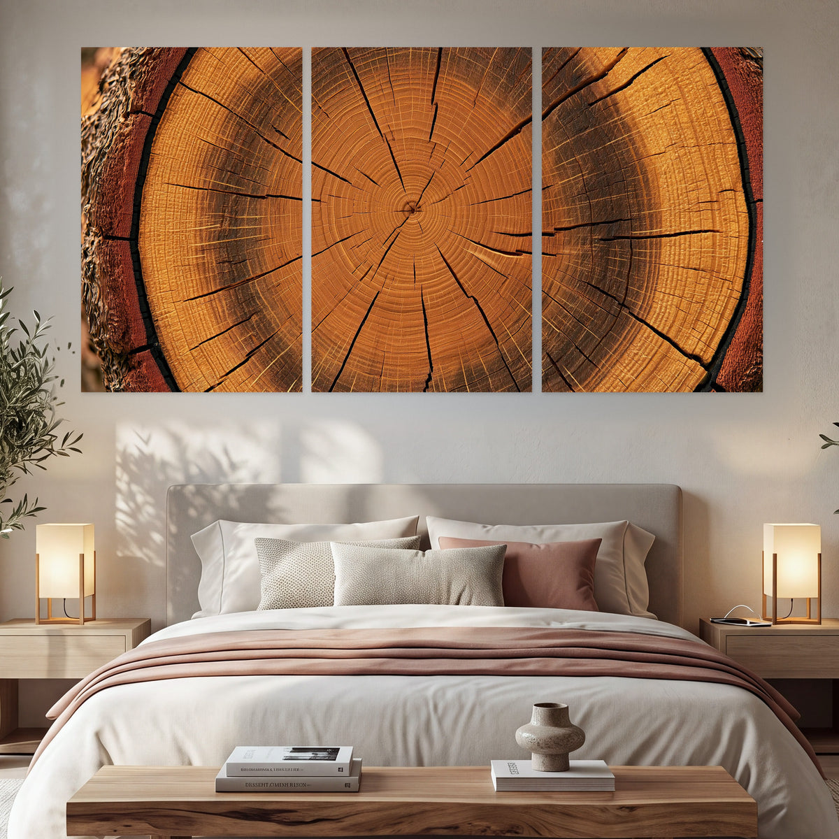 Tree ring wood slice art set of 3 poster prints in a bedroom above the bed
