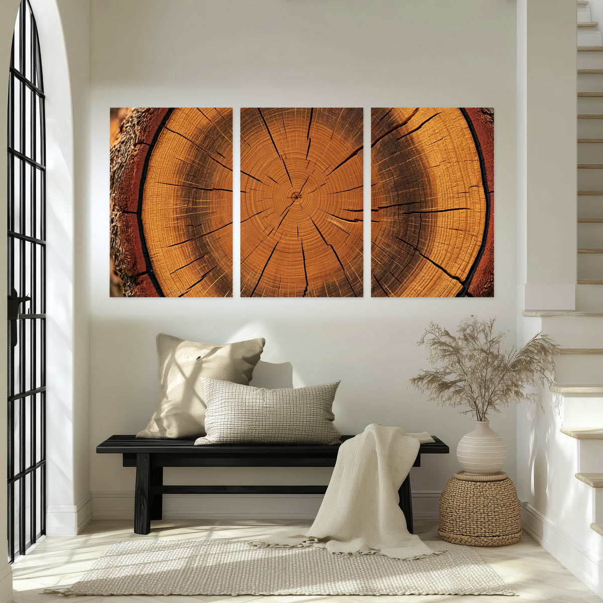 Tree ring wood slice art set of 3 poster prints in an entryway above a bench