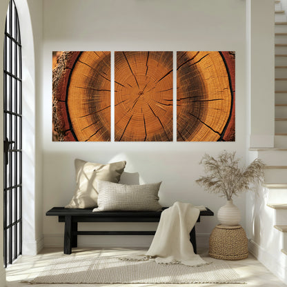 Tree ring wood slice art set of 3 poster prints in an entryway above a bench