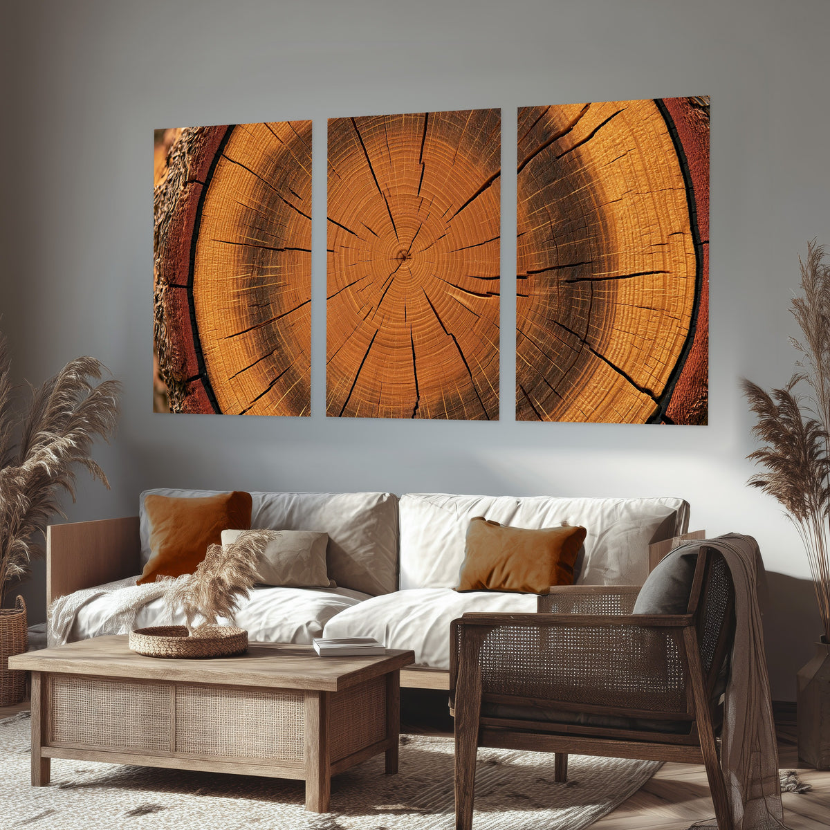 Tree ring wood slice art set of 3 poster prints in a rustic living room