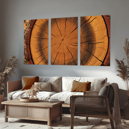 Tree ring wood slice art set of 3 poster prints in a rustic living room