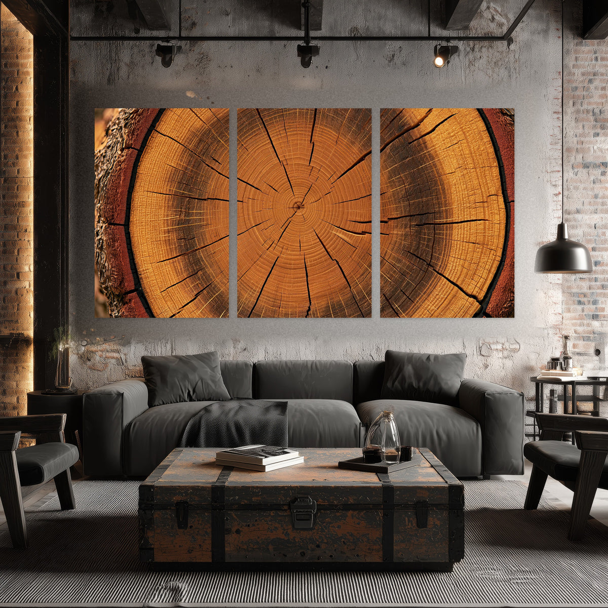 Tree ring wood slice art set of 3 poster prints in an industrial loft