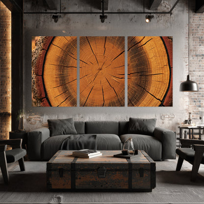 Tree ring wood slice art set of 3 poster prints in an industrial loft