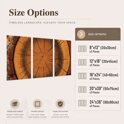 Tree ring wood slice art set of 3 poster prints size options
