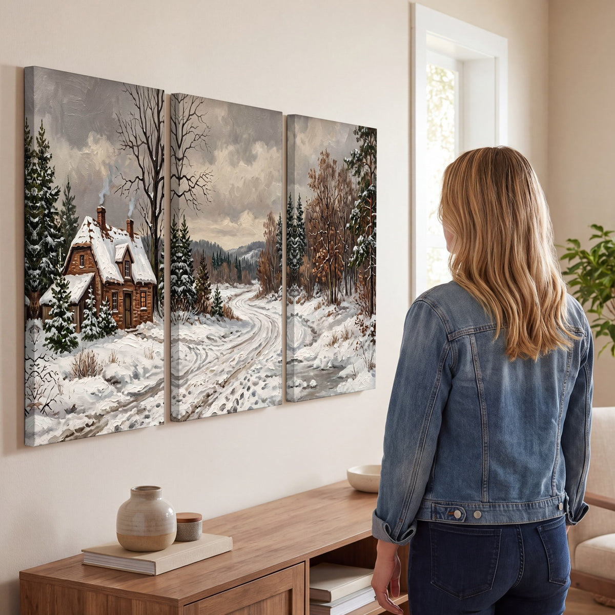 Snowy cottage winter landscape painting 3 piece canvas wall art in a living room