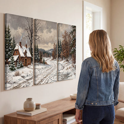 Snowy cottage winter landscape painting 3 piece canvas wall art in a living room