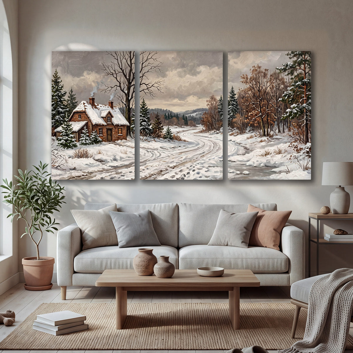 Snowy cottage winter landscape painting 3 piece canvas wall art in a bright living room
