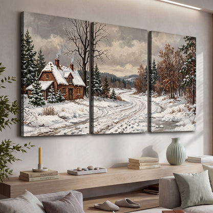 Snowy cottage winter landscape painting 3 piece canvas wall art in a living room above a console