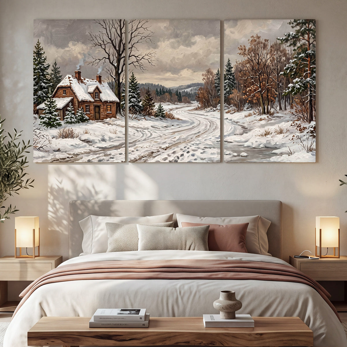 Snowy cottage winter landscape painting 3 piece canvas wall art in a bedroom above the bed