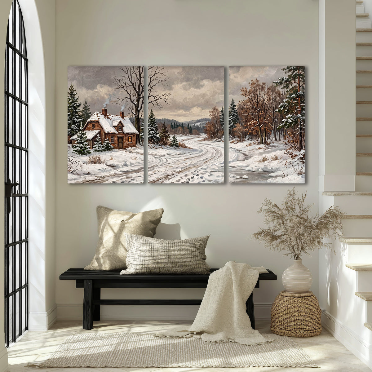 Snowy cottage winter landscape painting 3 piece canvas wall art in an entryway above a bench