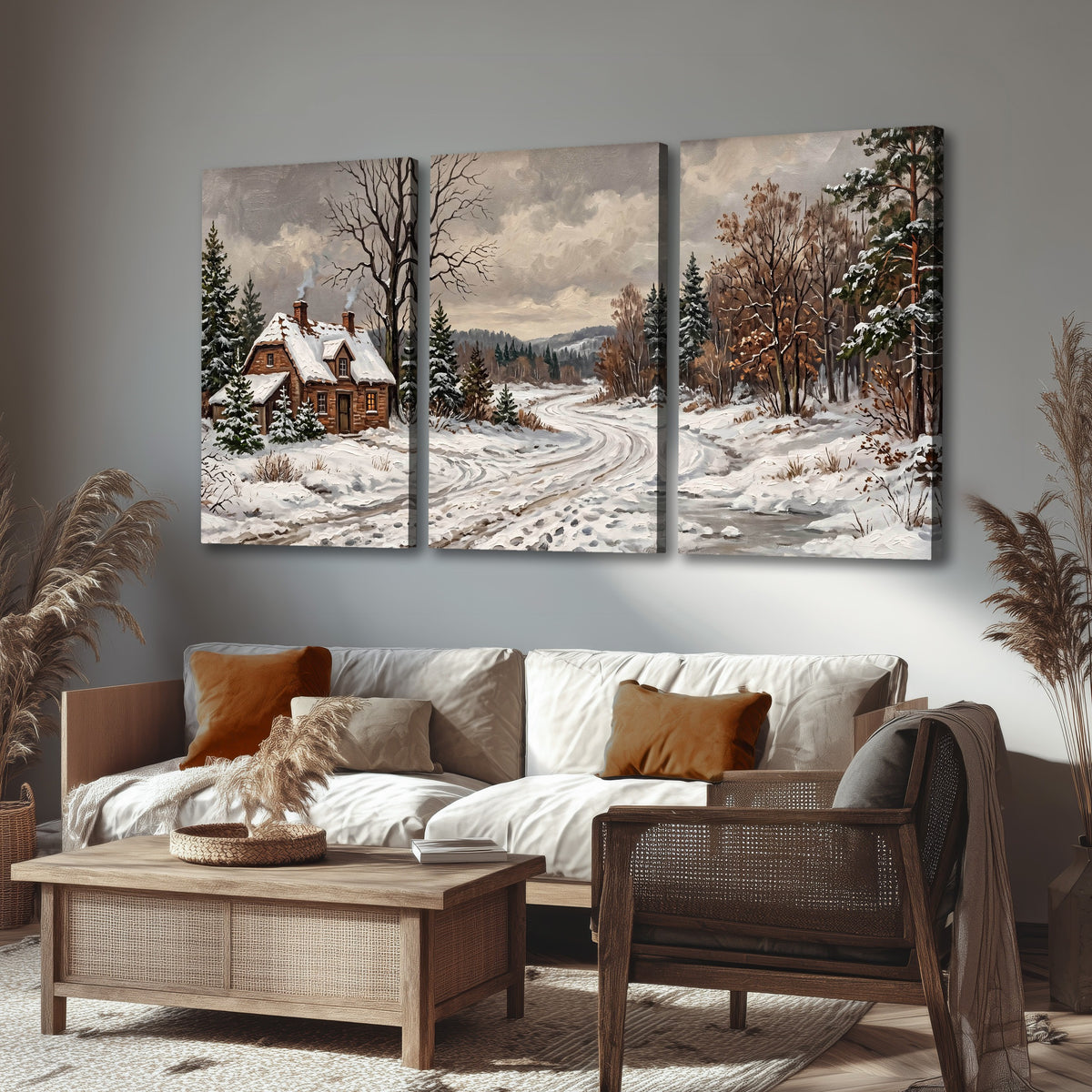 Snowy cottage winter landscape painting 3 piece canvas wall art in a rustic living room