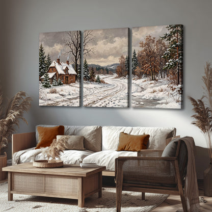 Snowy cottage winter landscape painting 3 piece canvas wall art in a rustic living room